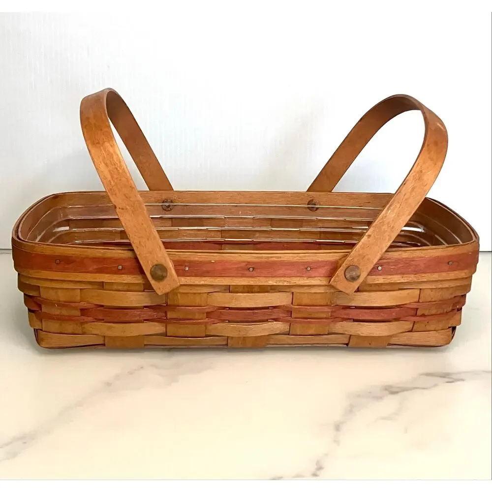Longaberger Medium Gathering Basket Red Slat Double Swinging Handle & Liner 1991
